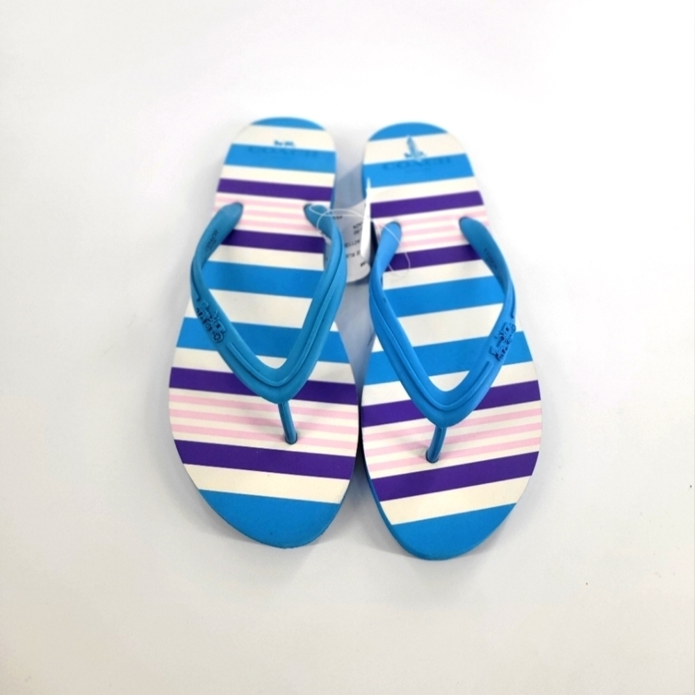 Coach Clementine Azure Blue Striped Rubber Flip‎ Flops Size 9